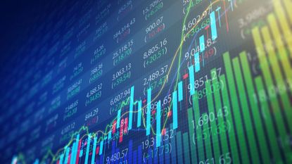 Rising stock market chart on a trading board background.