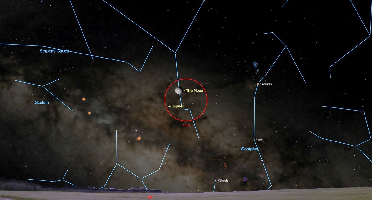 When the bright planet Jupiter rises in the southeastern sky at about 12:15 a.m. local time on Tuesday morning, April 23, it will be positioned 3 degrees to the lower left of the waning gibbous moon. The moon and planet will cross the sky together for the rest of the night, eventually moving to a point low in the southwestern pre-dawn sky. The duo will make a lovely photo opportunity when composed with an interesting foreground landscape.