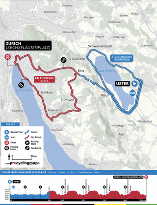 Course map and profile of the Men's U23 road race at the Zurich UCI Road World Championships 2024