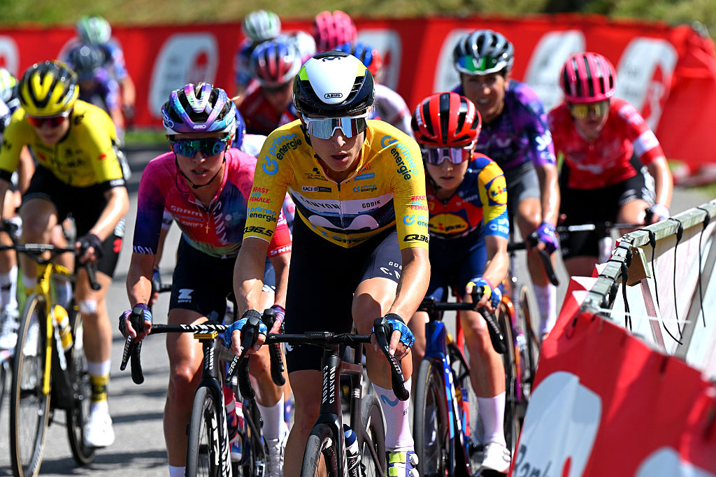 Marlen Reusser of Switzerland and Team Movistar - Yellow Leader Jersey competes during the 5th Tour de Suisse Women 2025, Stage 2 a 161.7km stage from Gstaad to Oberkirch 1047m / #UCIWWT / on June 13, 2025 in Oberkirch, Switzerland. (Photo by Tim de Waele/Getty Images)
