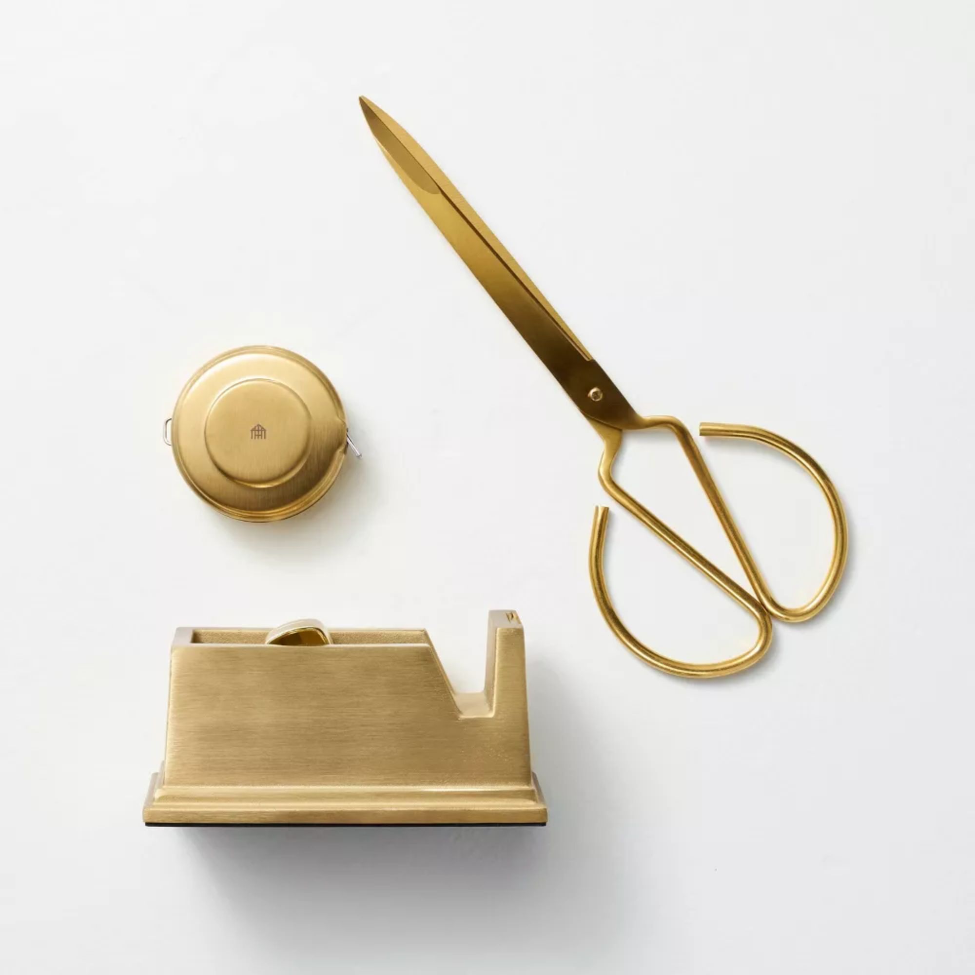 Polished brass scissors, tape holder and tape dispenser