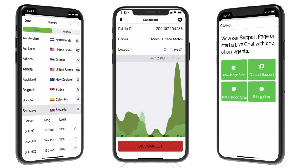 Tre stycken mobiler som visar upp skärmdumpar av iOS-appen för IPVanish