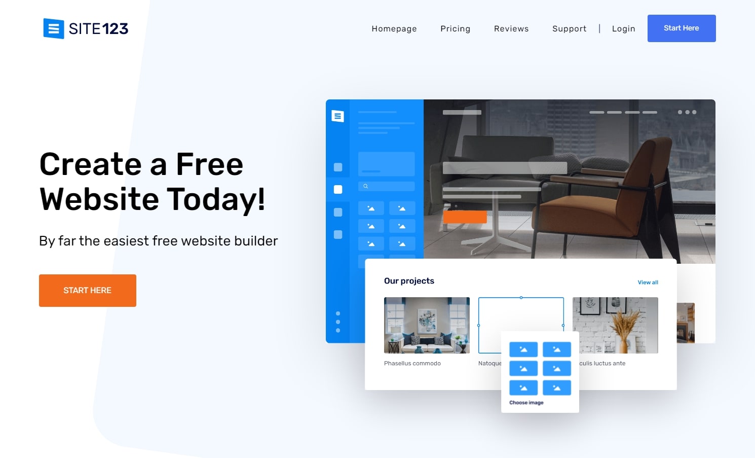 Homepage of Site123, one of the best website builders for videographers, featuring furniture website