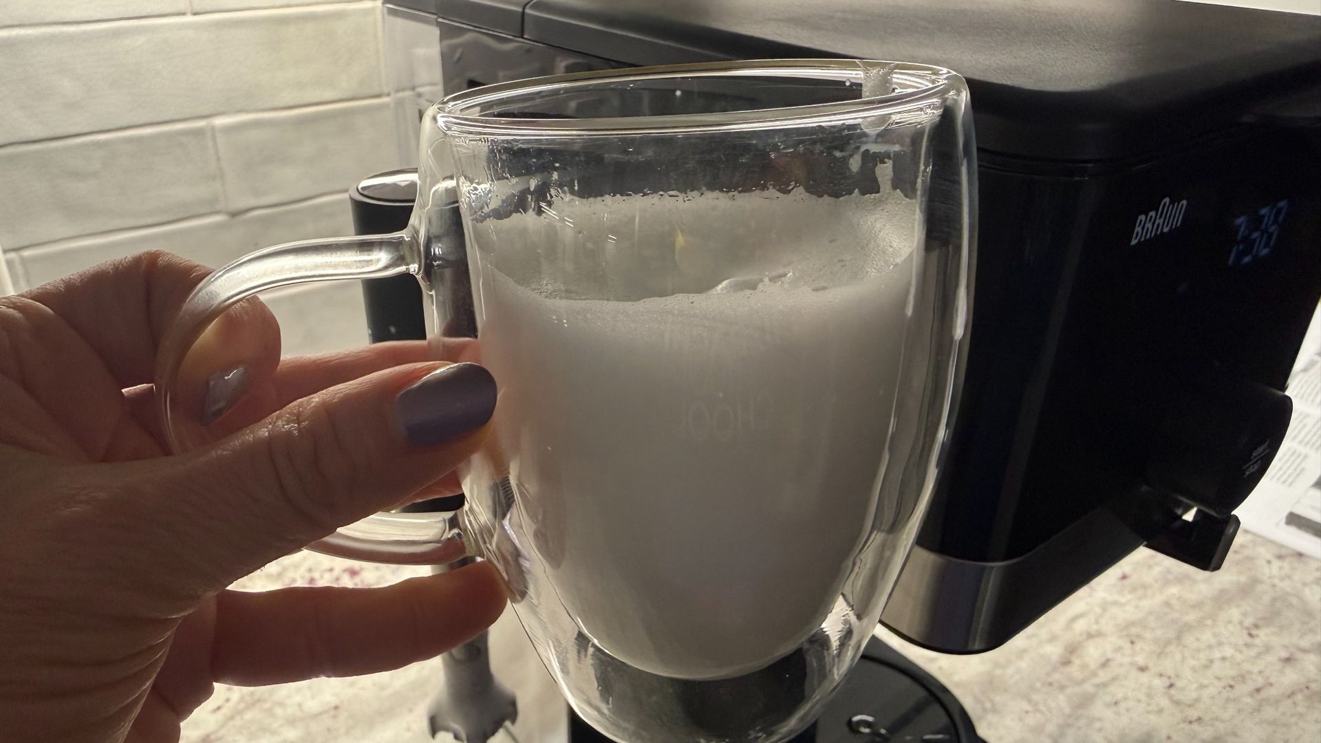 Braun OptiBrew Pro coffee shot and frothed milk