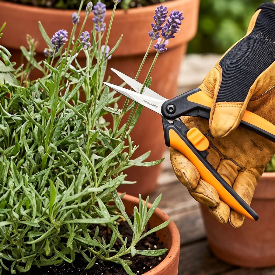 AI generated image of Fiskars Micro-Tip SP13 snips being used to trim and deadhead a pot of lavender
