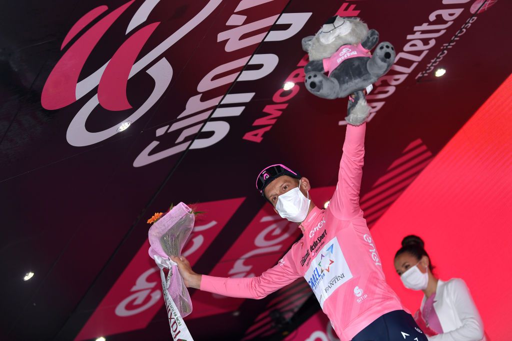 SESTOLA ITALY MAY 11 Alessandro De Marchi of Italy and Team Israel StartUp Pink Leader Jersey celebrates at podium during the 104th Giro dItalia 2021 Stage 4 a 187km stage from Piacenza to Sestola 1020m Mascot girodiitalia Giro UCIworldtour on May 11 2021 in Sestola Italy Photo by Tim de WaeleGetty Images