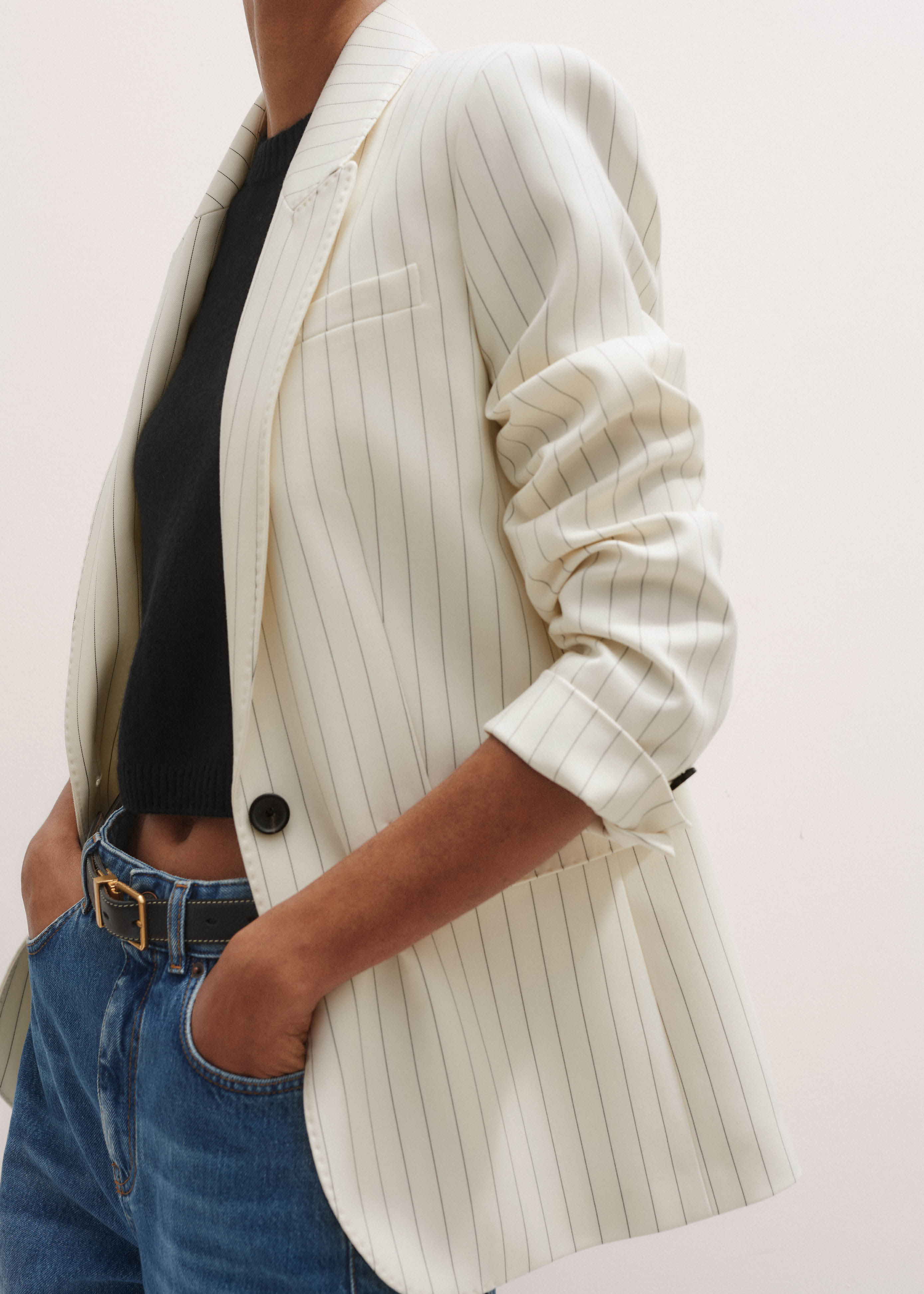 Sharp Shoulder Pinstripe Blazer