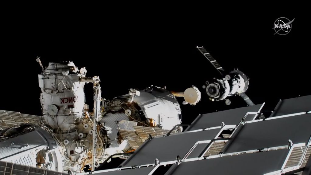 Soyuz commander Alexander Skvortsov of Roscosmos manually flew his Soyuz MS-13 spacecraft (right) from the aft Zvezda module of the International Space Station to a top-mounted Poisk module on Aug. 25, 2019.