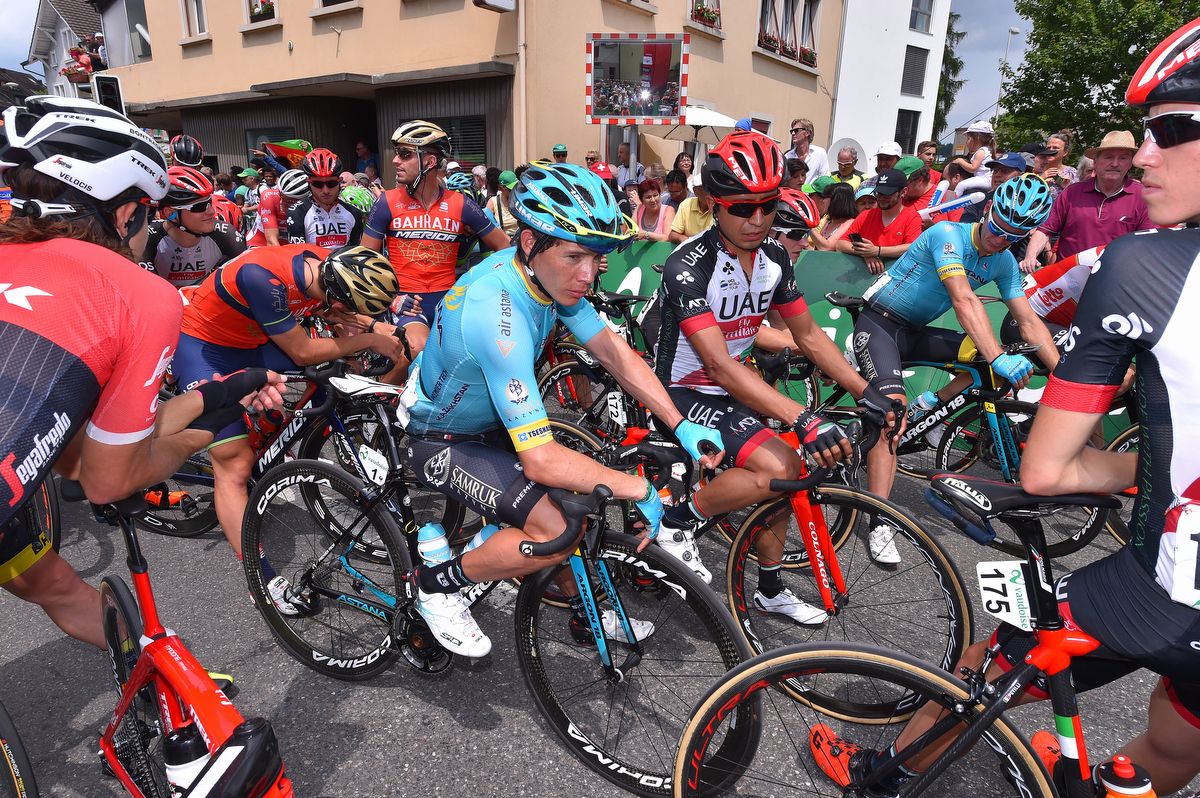 Astana's Miguel Angel Lopez chats on the start line