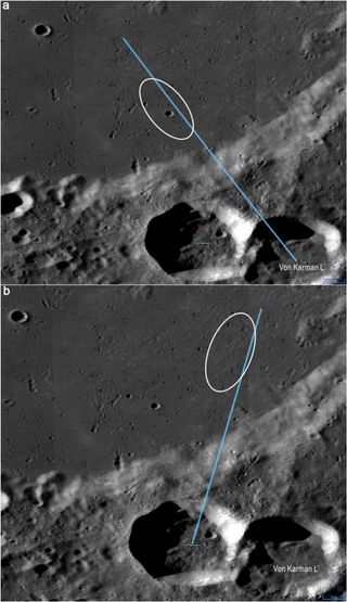 Secondaries within the proposed Chang'e 4 landing region formed by the Von Kármán L and Von Kármán L' crater-forming impacts. The two source craters are located to the south of the landing region. The great elliptic circles represent possible ballistic trajectories (blue lines) of impact ejecta from the source craters. (a) The NW-SE trending secondaries that are formed by the Von Kármán L’ crater. (b) The NE-SW trending secondaries that are formed by the Von Kármán L crater. Both images were obtained by NASA's Lunar Reconnaissance Orbiter Camera, operated by Arizona State University.
