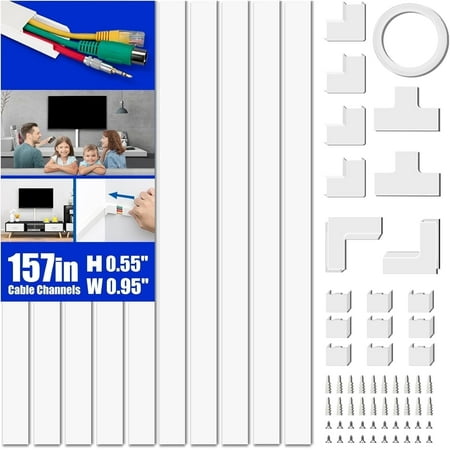 Delamu Cord Cover Raceway Kit, 157" Cable Management Channel, Paintable Cord Concealer System Covers Cable, Cord Wires, Hiding Wall Mount Tv Powers Cords in Home Office, 10x L15.7 in X W0.95 in X 0.55 in