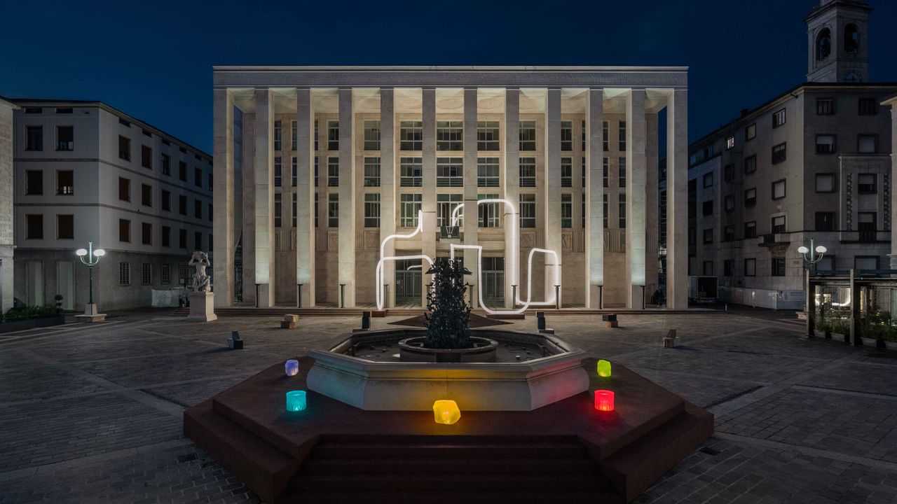 Bergamo Piazza della Liberta lit up by installation by Objects of Common Interest