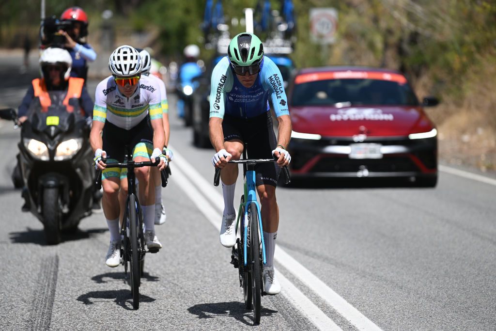 GUMERACHA AUSTRALIA JANUARY 21 Bastien Tronchon of France and Team Decathlon Ag2R La Mondiale competes in the breakaway during the 25th Santos Tour Down Under 2025 Stage 1 a 1507km stage from Prospect to Gumeracha 342m UCIWT on January 21 2025 in Gumeracha Australia Photo by Dario BelingheriGetty Images