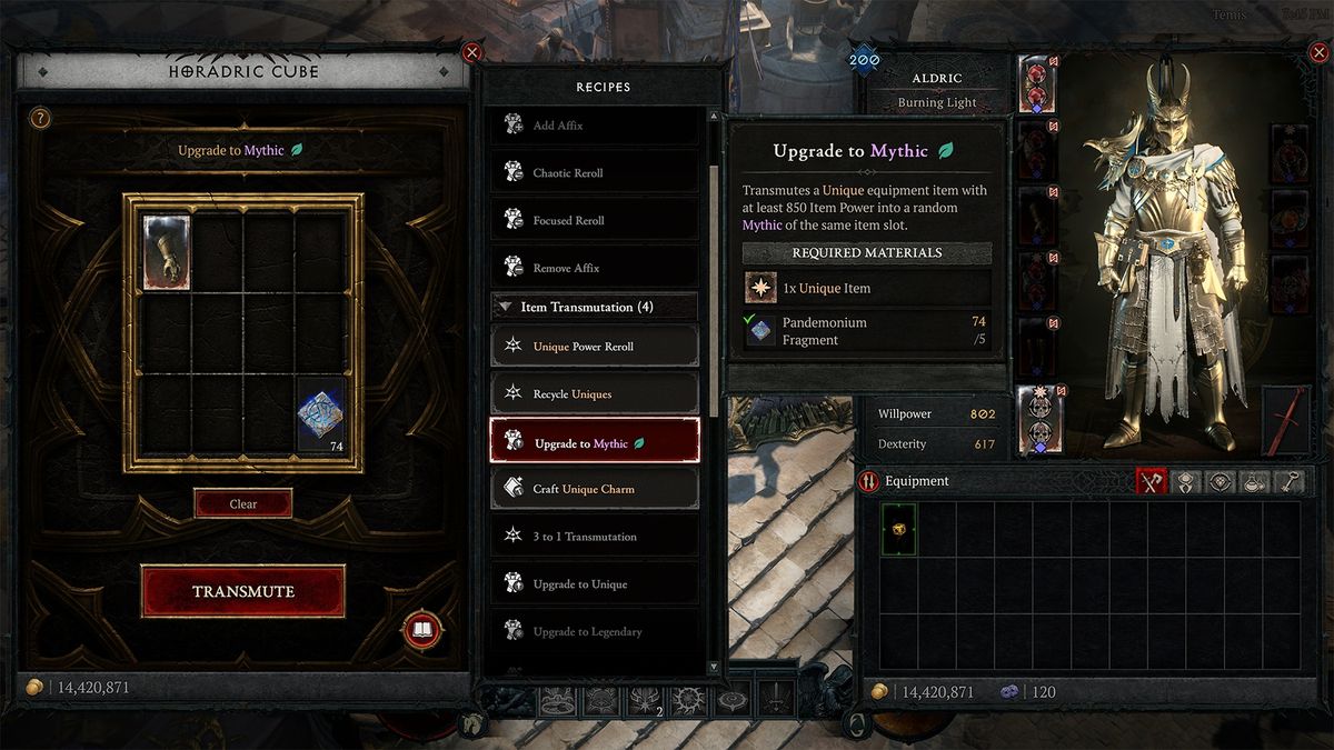 Screenshots from in game Diablo 4 mythic unique crafting menu