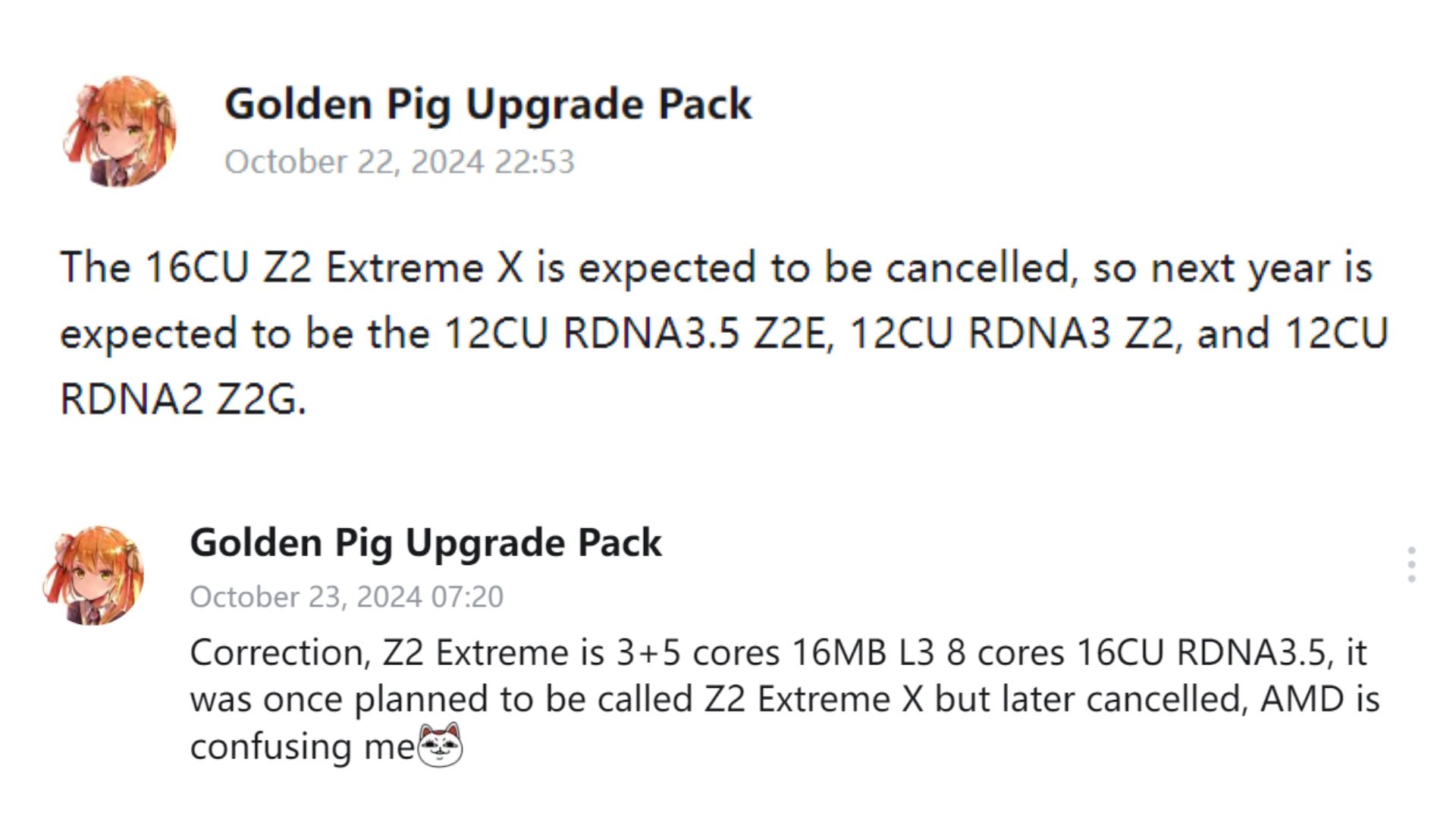 Bilibili posts by user Golden Pig relating to Z2 Extreme APU specs