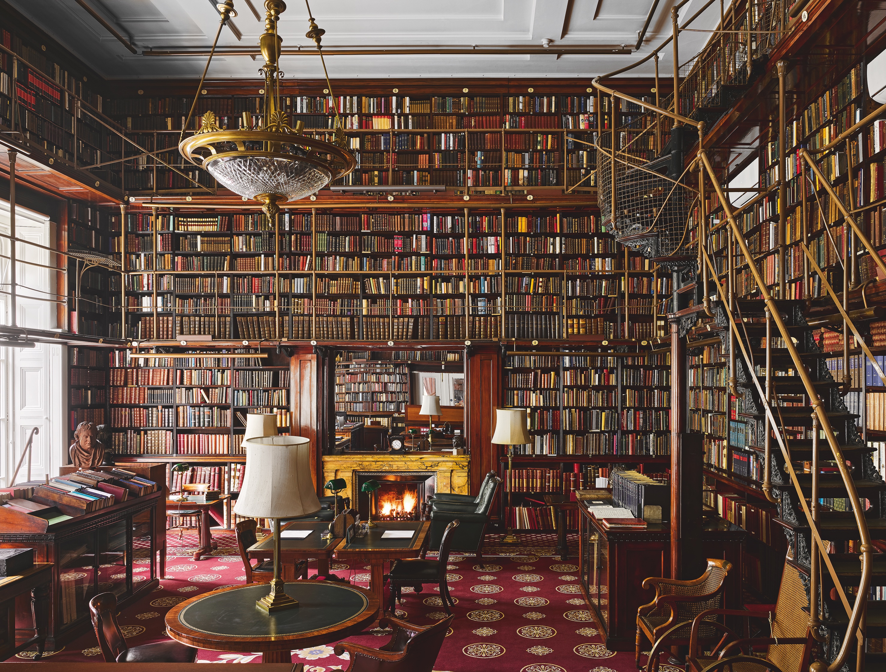 Double height library shelves with a gold ladder and red patterned carpet