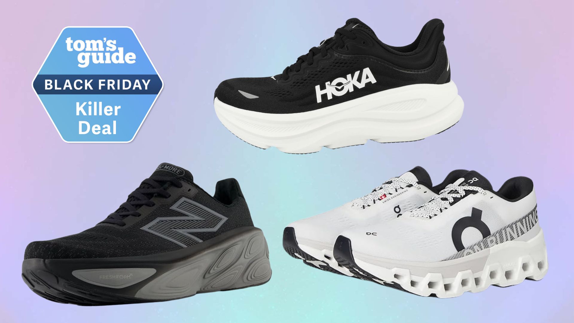 a selection of running shoes from Nike, New Balance and On next to the Tom&#039;s Guide Black Friday Killer Deal label