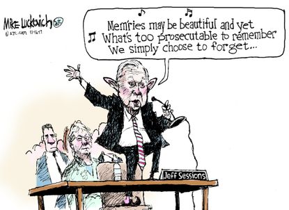 Political cartoon US. Jeff Sessions Russia hearing recollection