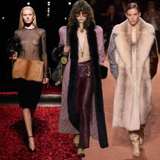 A collage of images of models on the F/W 25 runways at Miu Miu, Ferragamo, Chloé, Fendi, and Altuzarra wearing variations of fur and shearling.