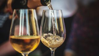 champagne being poured into wine glasses