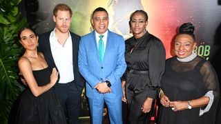 Meghan, Duchess of Sussex, Prince Harry, Duke of Sussex, Andrew Holness, Juliet Holness and Olivia Grange attend the Premiere of “Bob Marley: One Love” at the Carib 5 Theatre on January 23, 2024 in Kingston, Jamaica.