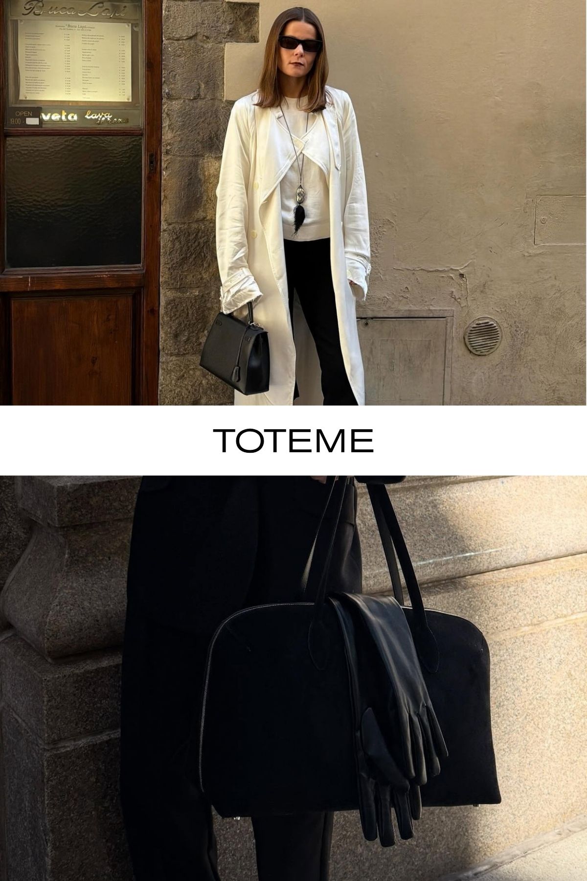woman wears cream coat, cream top, black trousers; woman carries black suede bag and leather gloves