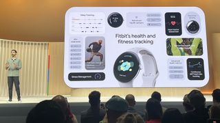 Made by Google event with presenter showing a slide with details on the Pixel Watch 3