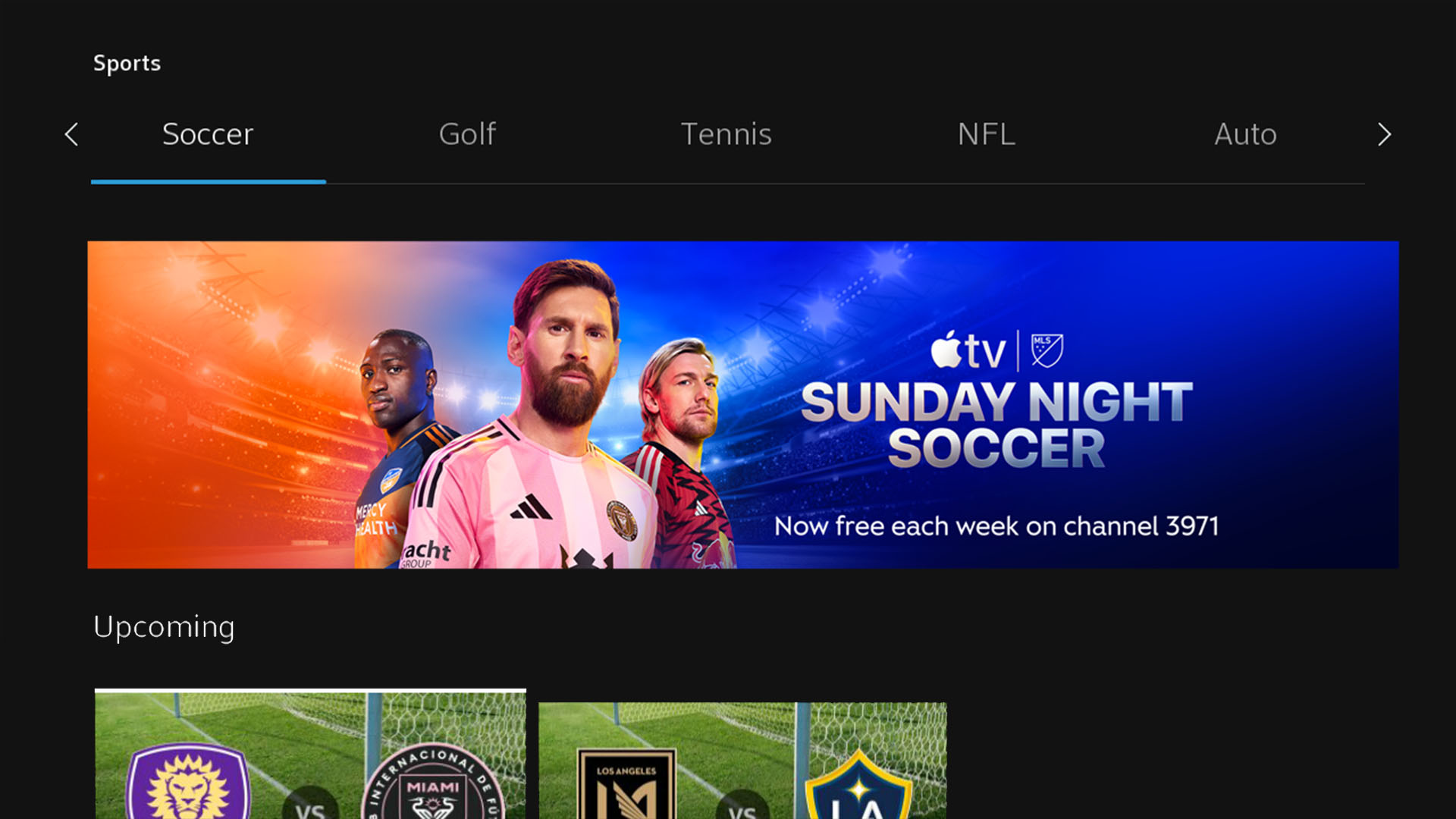 User interface of Xfinity TV screen showing Sunday Night Soccer