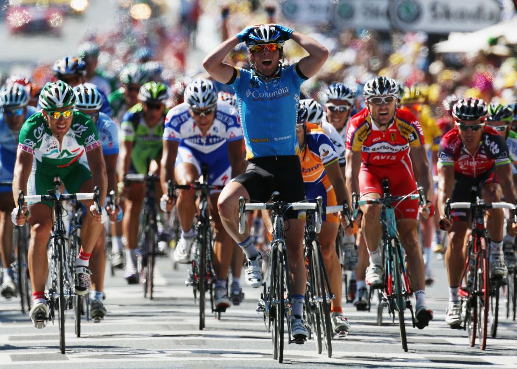 Mark Cavendish (Columbia) can't believe he's just won the first of his 30 stage victories at the Tour de France, on stage 5 of the 2008 Tour in Ch&acirc;teauroux
