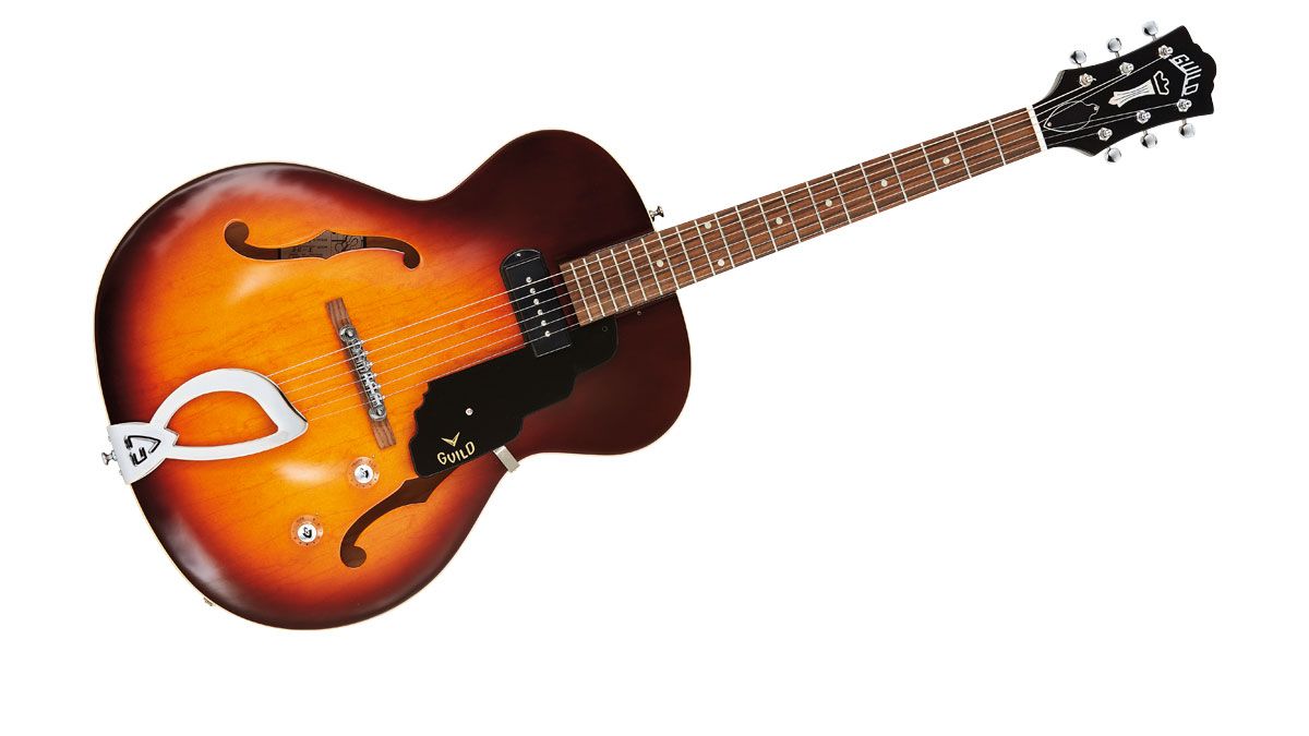 A solitary pickup connects to a volume and tone control topped with period- correct clear control knobs