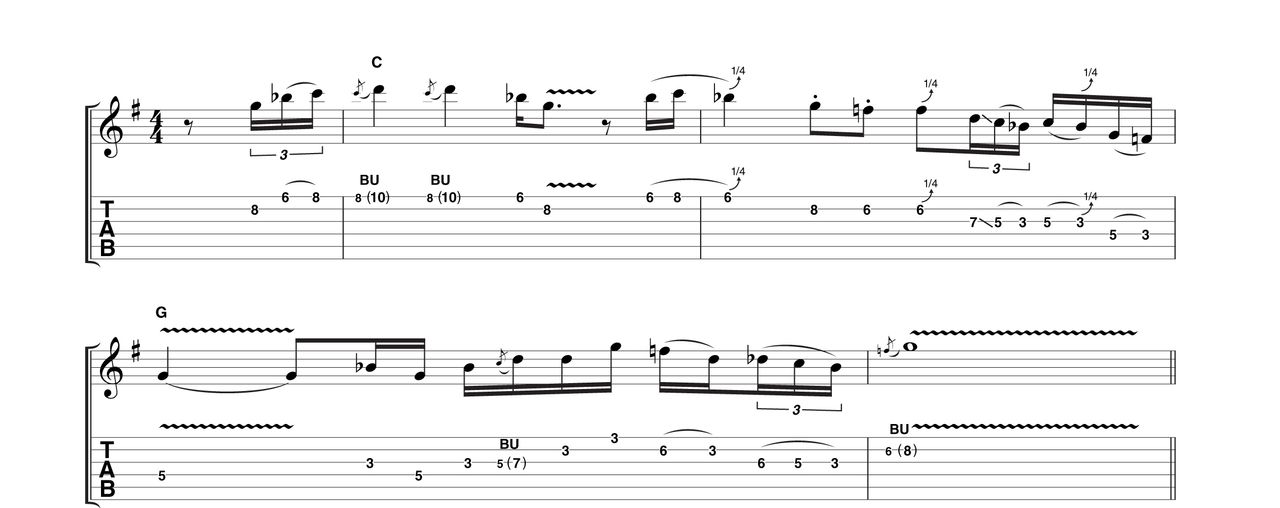 This phrase betrays a traditional blues influence with its lower register and quarter-tone bends. These stylistic details are as essential as dexterity in your fingers.