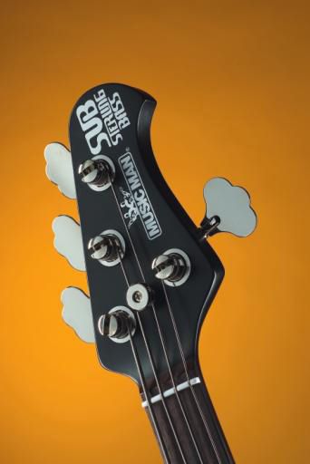 The SUB's black and chrome headstock with 'elephant ear' tuners is cool as you like.