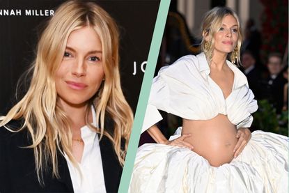 Sienna Miller attends the London launch of Vivere by Savannah Miller at Luci split layout with Sienna Miller showing off her baby bump on red carpet