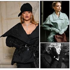 A leather gloves trend graphic by Future featuring Rihanna, Marilyn Monroe, Altuzarra Fall 2024 model, and fashion week guests