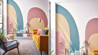 Living room with key interior paint colour trends painted as swirls on the wall