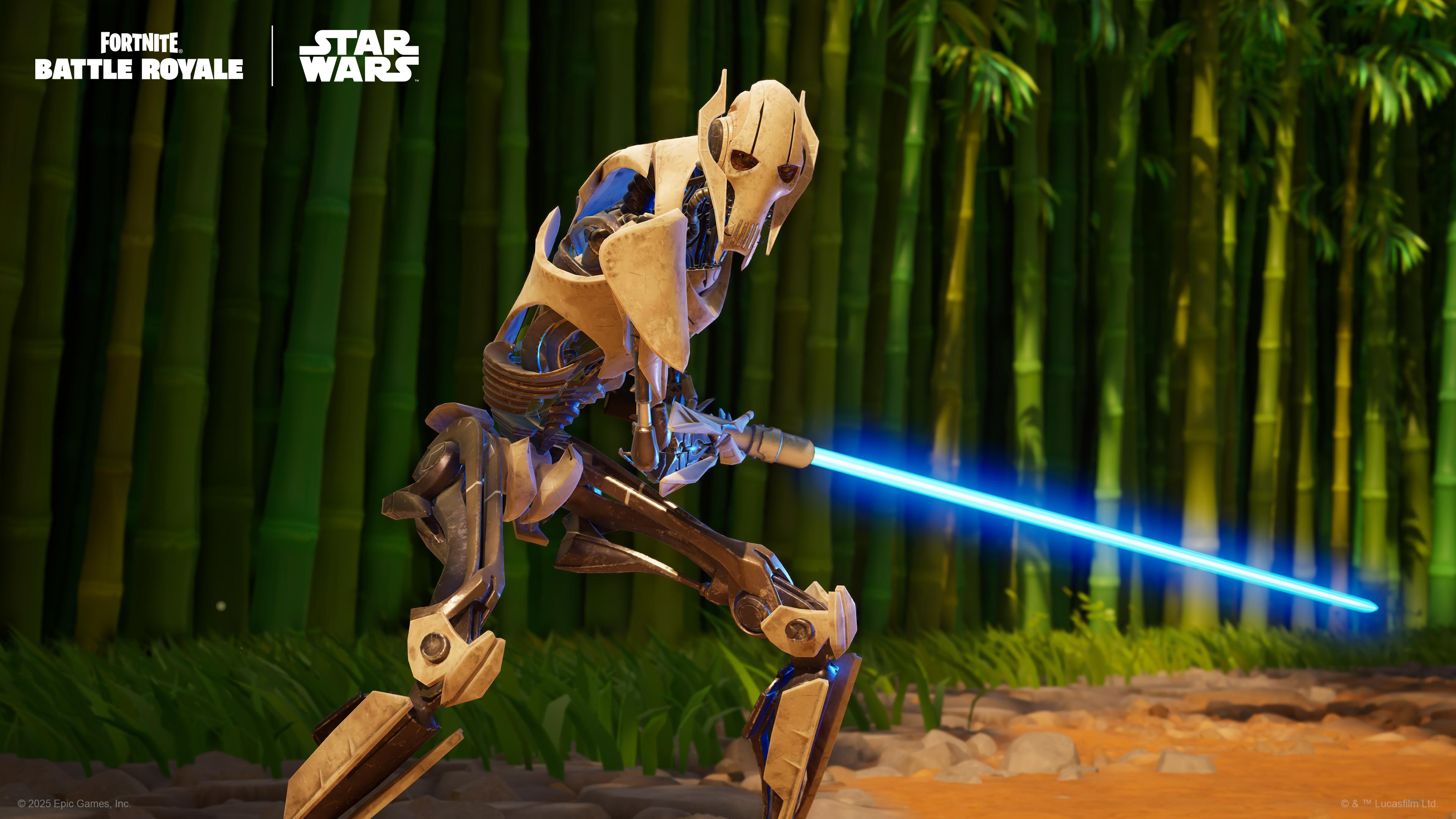 General Grievous stands with a blue lightsaber readied