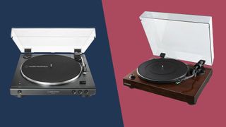 Audio-Technica and Fluance turntables on blue and red background
