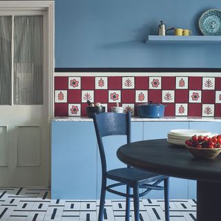 Annie Sloan blue kitchen with matching blue walls.