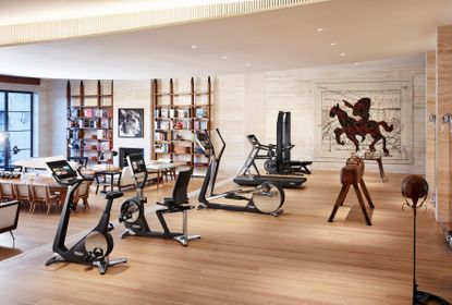 A gym area with various exercise equipment on a wooden floor with a sitting area in front of it with bookshelves and a fireplace on the wall.