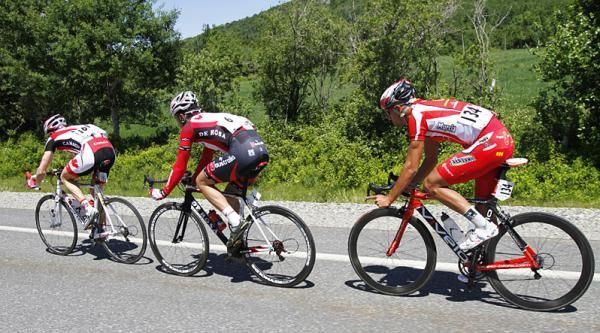 The main break (l-r): Team Canada's Will Routley, Fly V Autralia's Jay Thomson, and stage winner Rafael Serrano Fernandez (Heraklio-Murcia).