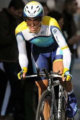 Alberto Contador (Astana) rides to second in the time trial.