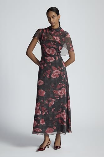 Lela Rose, Floral Printed Glenn Plaid Organza Draped Bodice A-Line Dress, 0, Poppy Multi