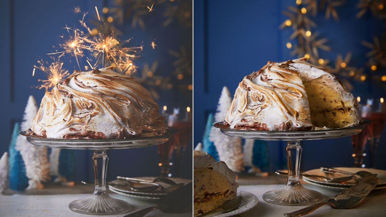 Stracciatella chocolate orange bombe Alaska served on a glass cake stand with sparklers