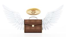 A briefcase with angel wings and a gold coin above it looking like a halo.