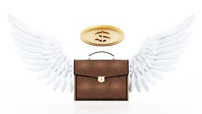 A briefcase with angel wings and a gold coin above it looking like a halo.