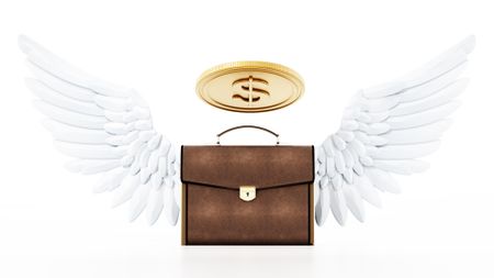 A briefcase with angel wings and a gold coin above it looking like a halo.