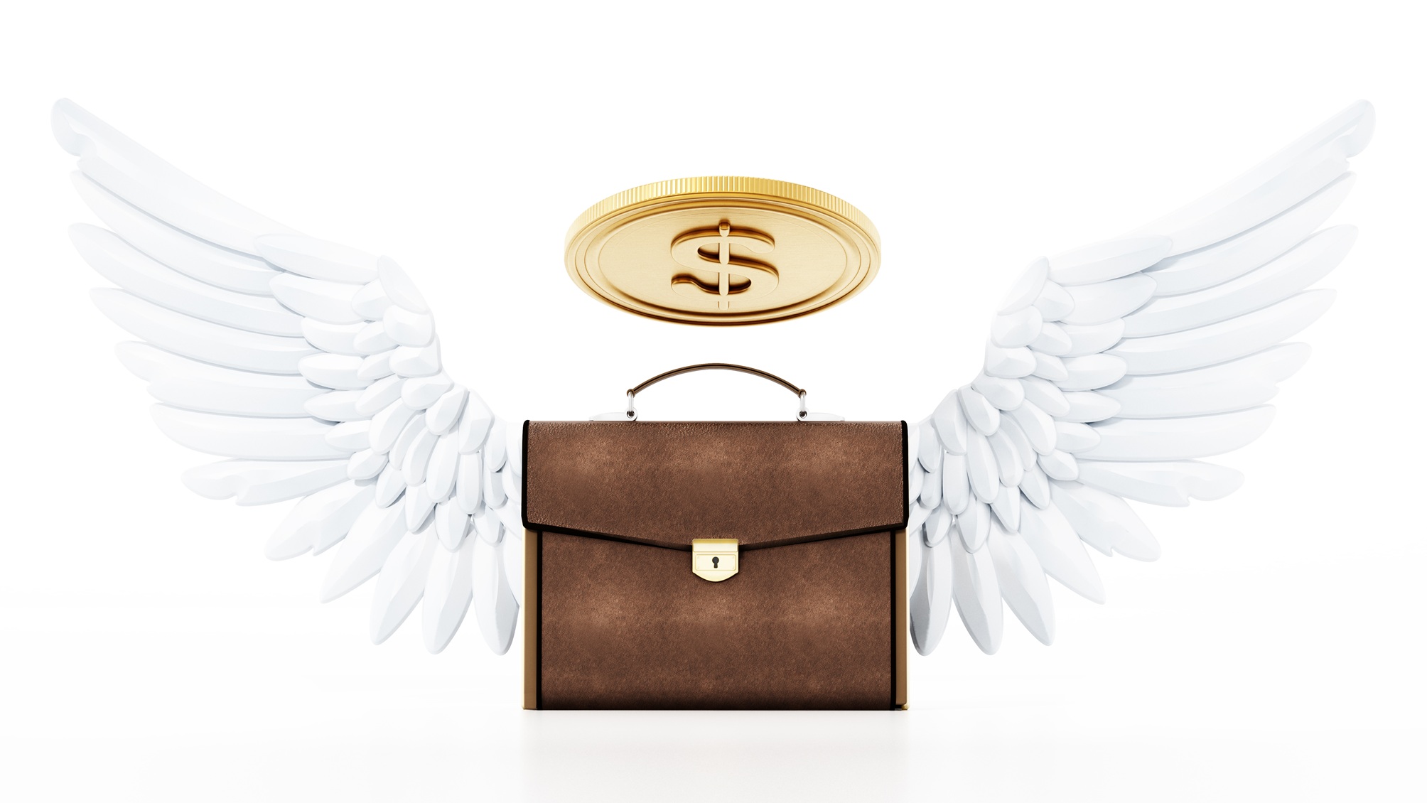 A briefcase with angel wings and a gold coin above it looking like a halo.