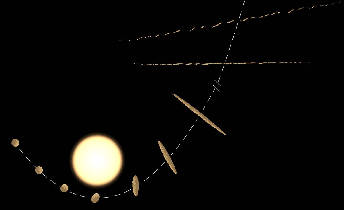 This illustration depicts the stellar tidal disruption process that may have changed the interstellar object 'Oumuamua into a strange, elongated shape.