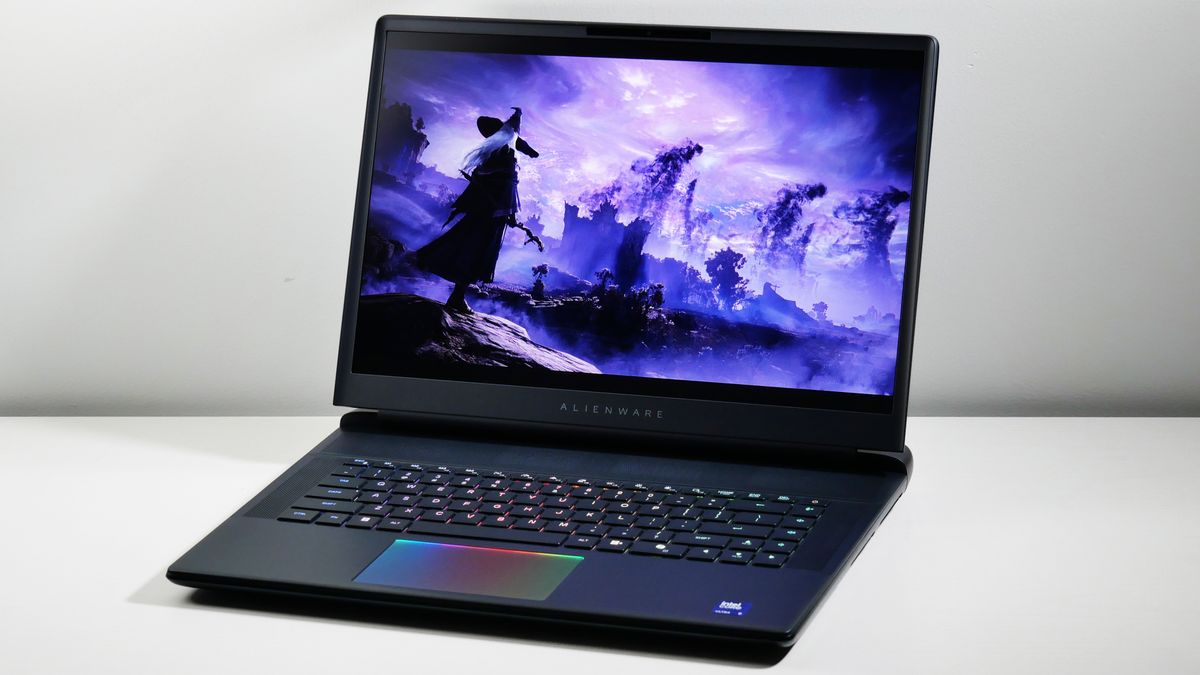 Alienware 16 Area-51 (RTX 5080) open at an angle on a white desk with Elden Ring Nightreign on screen.