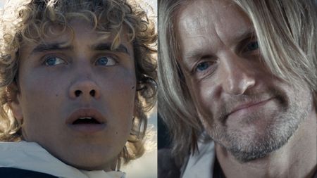 Joseph Zada in the arena in Sunrise on the Reaping, and Woody Harrelson smiling as Haymitch on the train, side by side.
